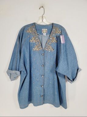Monique Fashion Embellished Denim Button-Up Top - Light Blue, Size 2X